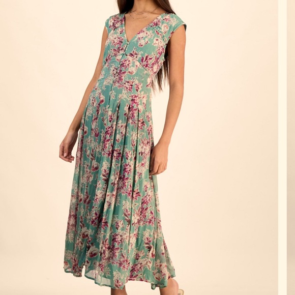 Lucky Brand teal floral midi dress, button down, Med. - Picture 1 of 11